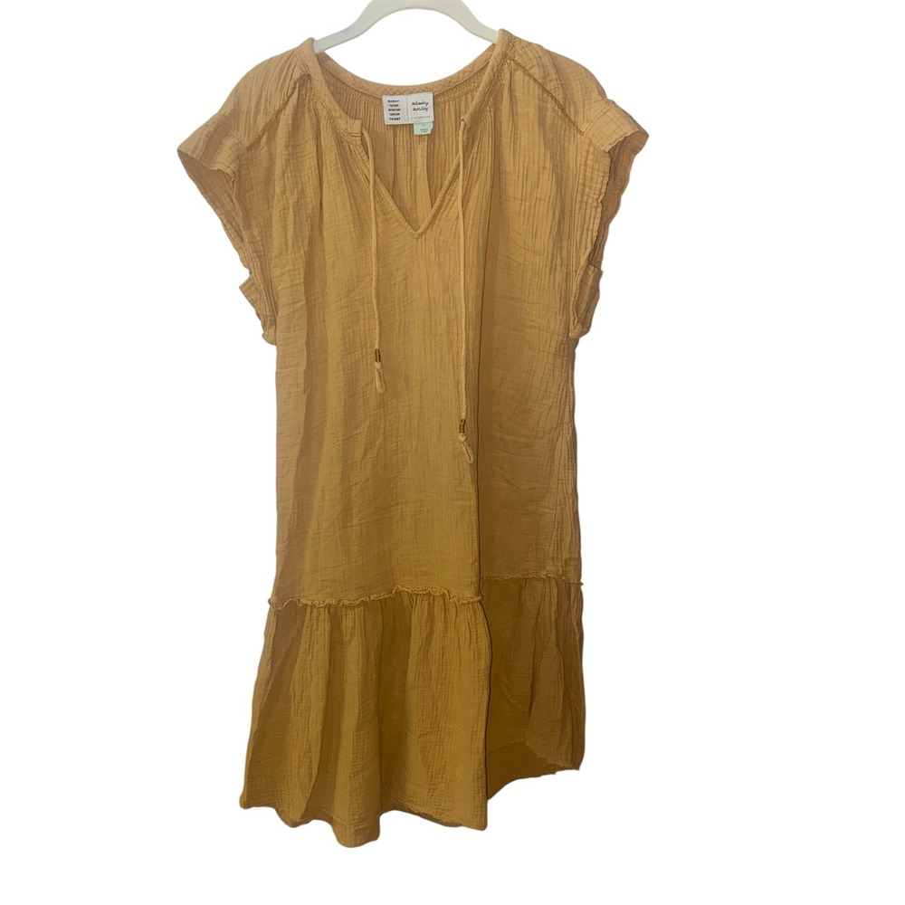 Anthropologie Saturday Sunday Mustard Yellow Gauze Tiered Shift Dress XS - Picture 2 of 5
